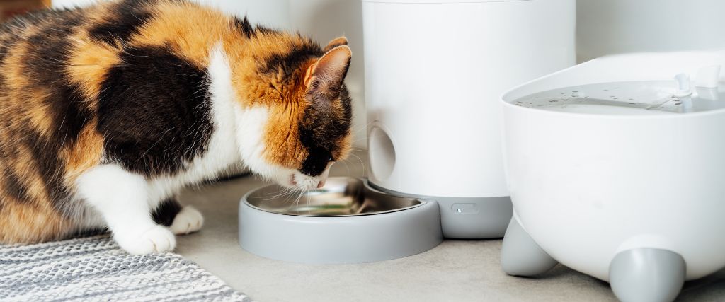 A cat eating from an automated feeder with Smart Pet Technology